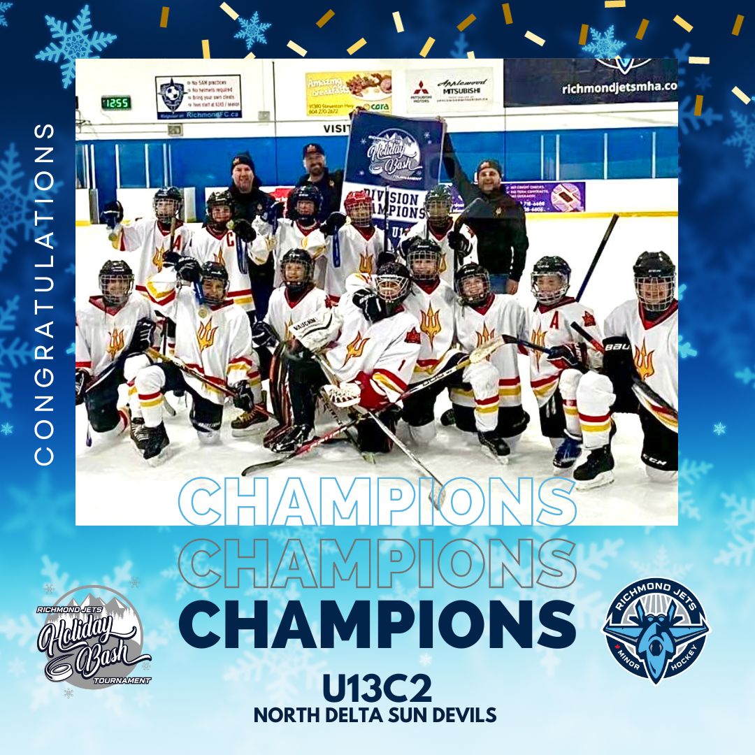 🎉🏒 Huge Congratulations to U13C2 North Delta Sun Devils! 🥇 A round of applause for the U13C2 North Delta Sun Devils on their fantastic victory in the U13C Division Championship at the 2024 Richmond Jets Holiday Bash Tournament! #HolidayBashTournament #HockeyExcellence #pcaha