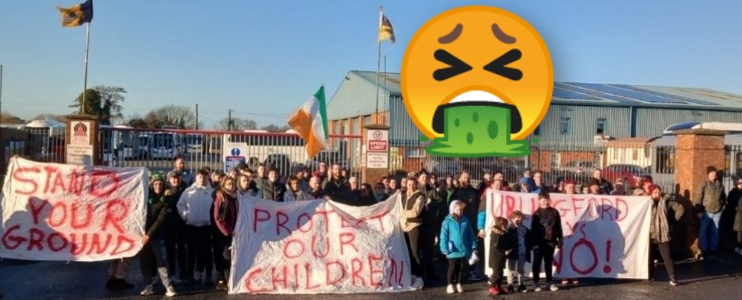 BolshieBish's tweet photo. Shameful scenes outta #Urlingford Kilkenny. Spitting in the face of everything it means to be Irish. Letting themselves be taken in and fooled by racist scum. Our ancestors and heroes would be turning in their graves. Absolutely disgusting. https://t.co/dkLKsR47fJ