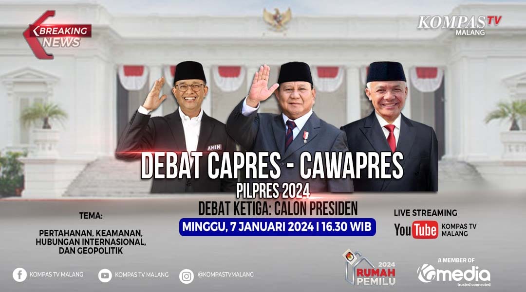 KompasMalang's tweet photo. Sahabat Kompas TV hari ini ketiga Capres akan beradu gagasan dalam debat ketiga. Jangan sampai terlewat ya! Saksikan hanya di YouTube KOMPAS TV MALANG, mulai pukul 16.30 WIB.

#DebatCapres #kompastvnetwork #pemilu2024dikompastv #BreakingNews #Pilpres2024 #kompastvmalang https://t.co/fYxXKuoutL
