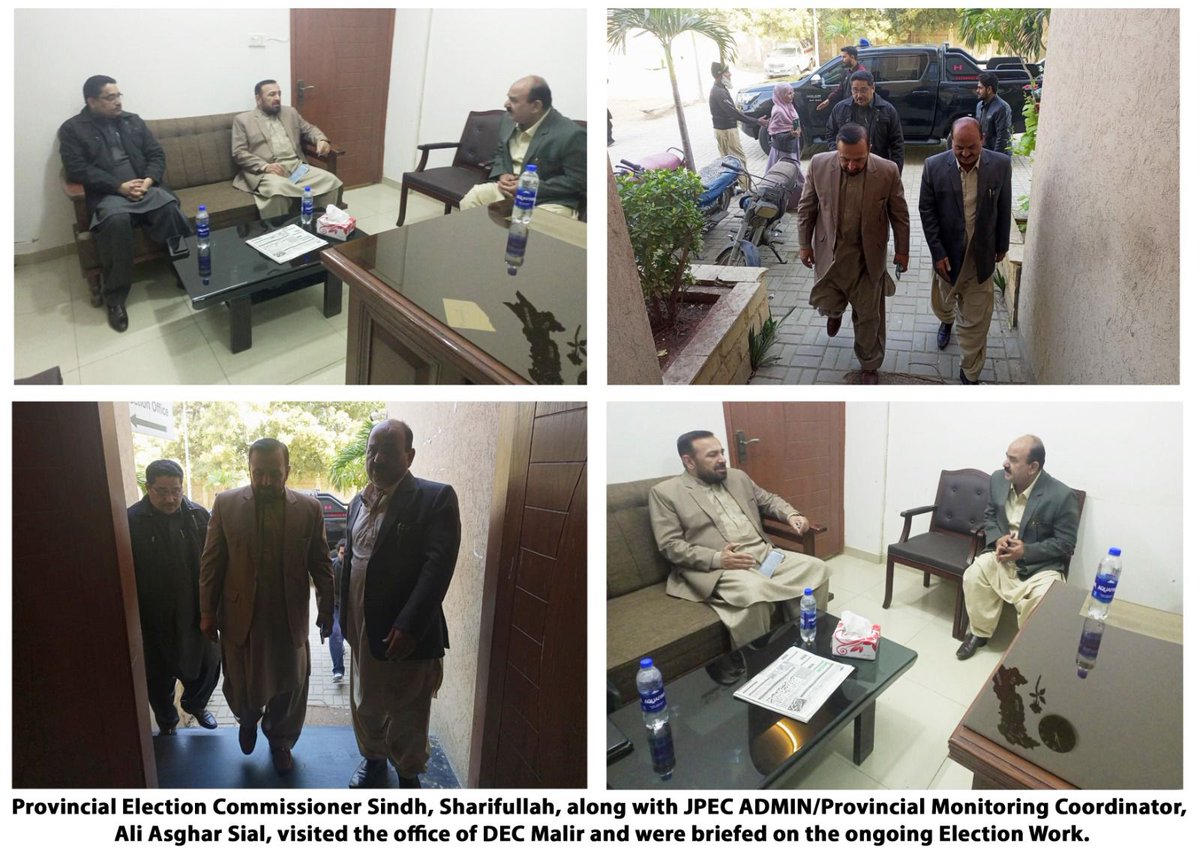 SpokespersonECP's tweet image. Provincial Election Commissioner Sindh Mr. Sharifullah, along with JPEC ADMIN/Provincial Monitoring Coordinator, Ali Asghar Sial, visited the office of District Election Commissioner Malir and were briefed on the ongoing Election Work.
#ECP
#ElectionMonitoring
#Sindh
