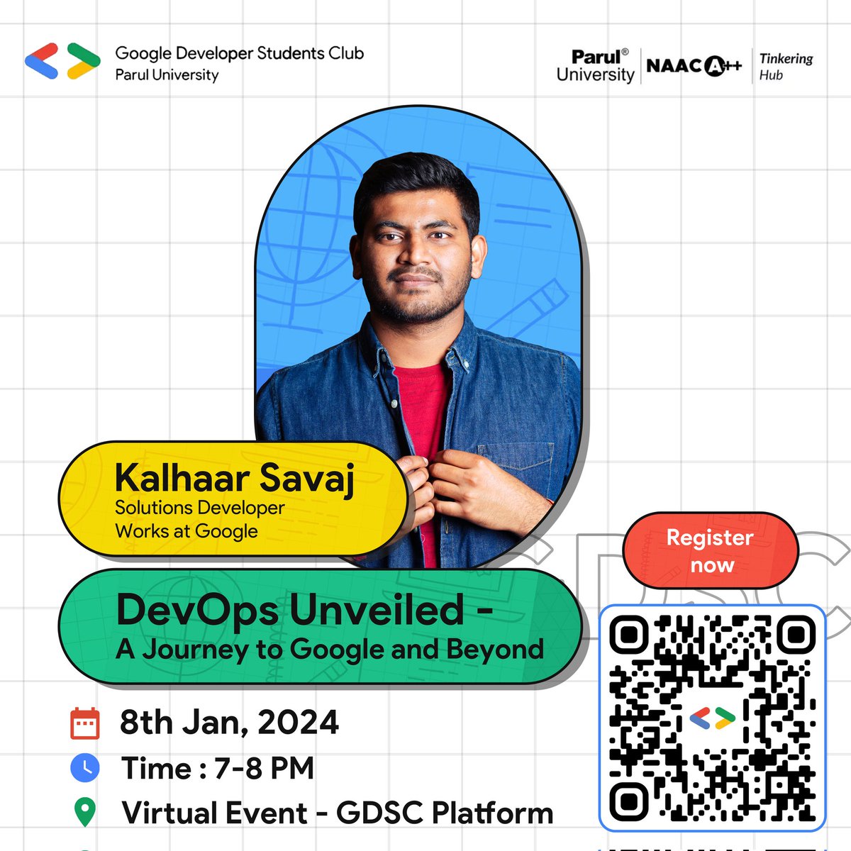 gdsc_pu's tweet photo. 🚀 Join @kalhaarsavaj in an exclusive online session—DevOps FunFair : Journey to Google—covering principles, fresher tips, and real-world experiences, followed by Q&amp;A. 🎤✨ https://t.co/BHtf4JntNe