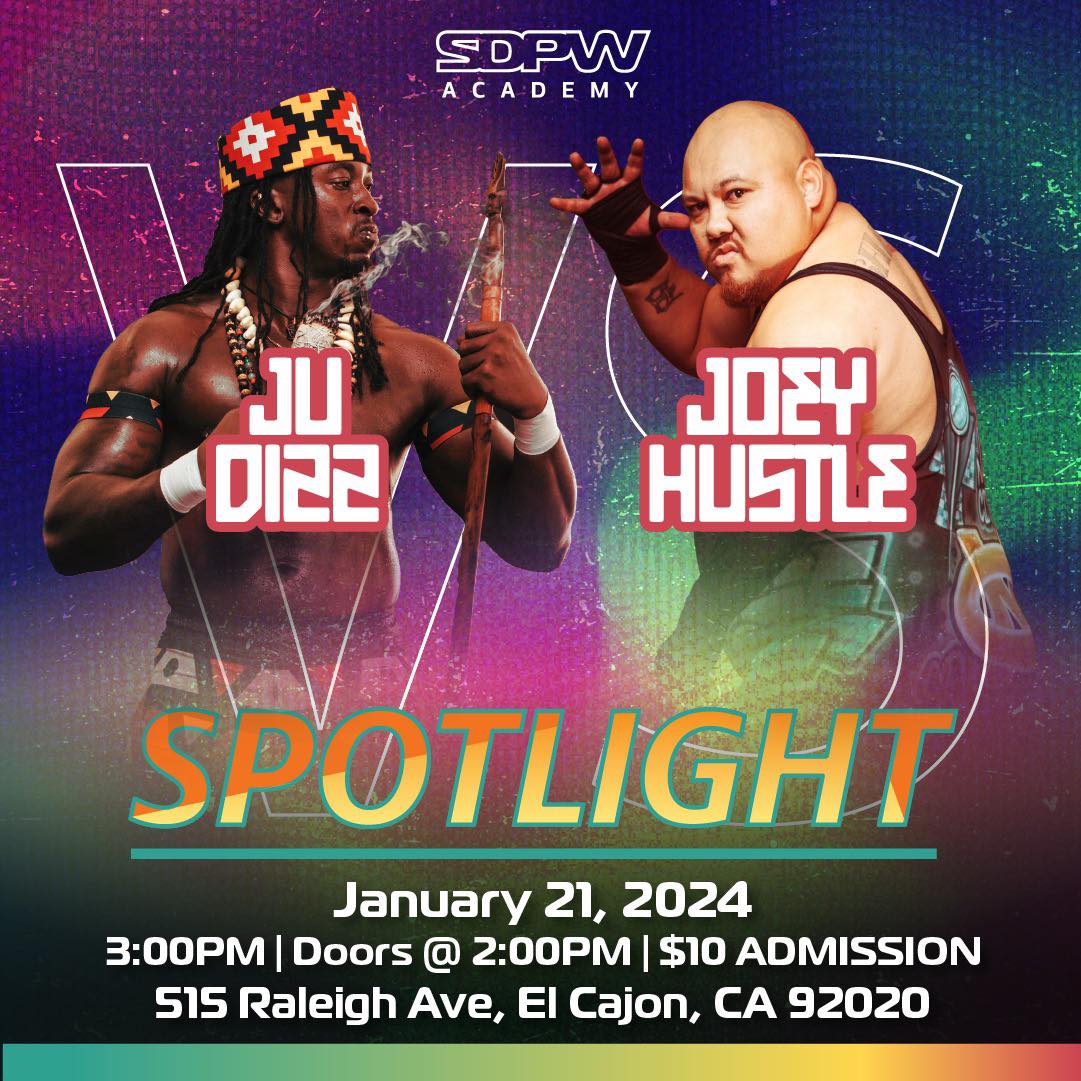 🚨 SPOTLIGHT 🚨 Be there on January 21st to see this BIG singles match between Joey Hustle and Ju Dizz! #SDPWA #Spotlight #prowrestling #sandiego 🎨 @howellns1