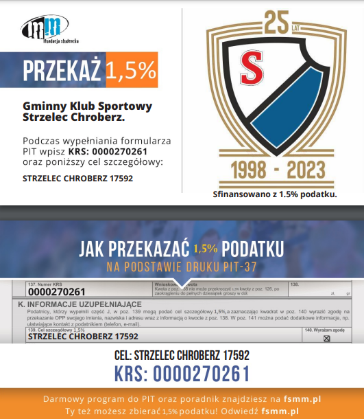 Chroberz's tweet photo. - Będzie Nam niezmiernie miło, jeśli przekażesz na Nasz Klub 1,5% podatku.
- Możesz mieć pewność, że te pieniądze nie zostaną zmarnowane, a Twój wkład przełoży się na rozwój dzieci i młodzieży!
- Szczegóły oraz wpłaty szybkim przelewem: https://t.co/zWOIJmPqLX https://t.co/YPvOg3V2sZ