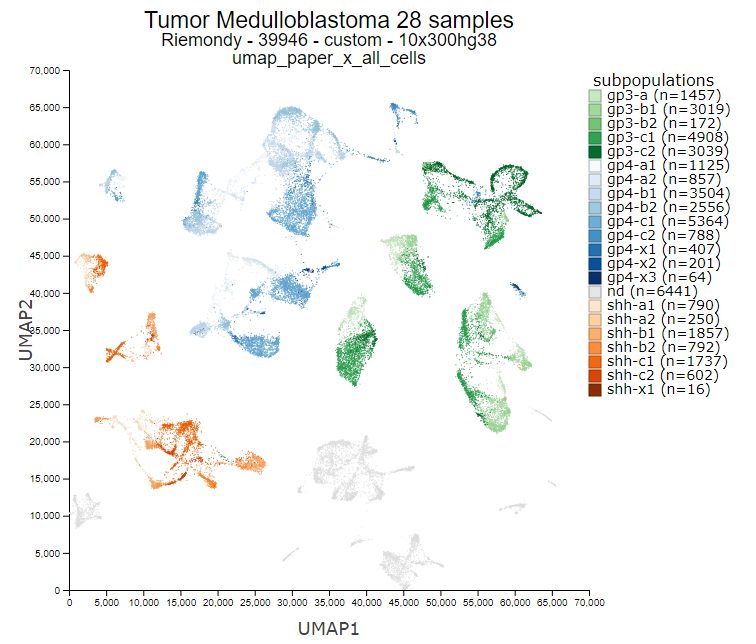 r2_platform's tweet photo. Re-annotation of a 28 #medulloblastoma patient #scrna data set with detailed #subgroup information.
R2 Genomics Discovery platform for #biomedical #research ( https://t.co/ZrQJ6Hh2gE ). No #coding / #bioinfo expertise needed to explore rich resources in R2. https://t.co/VGqEj0s03d