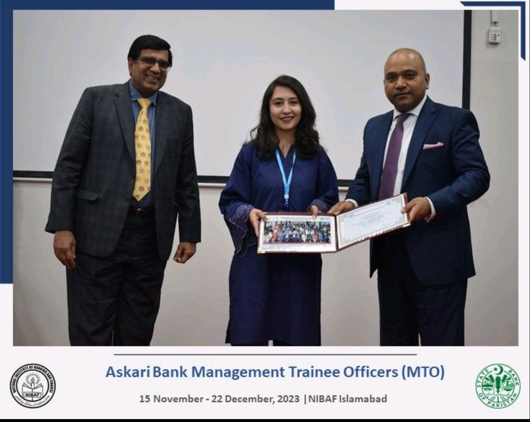 BeenishAliMir1's tweet photo. Absolutely thrilled to announce the completion of my 40-day training at the National Institute of Banking and Finance (NIBAF)-Pakistan a pivotal chapter in my journey as a Management Trainee Officer (MTO) at Askari Bank. 🌟
#Askaribank https://t.co/yWgQTPkymP