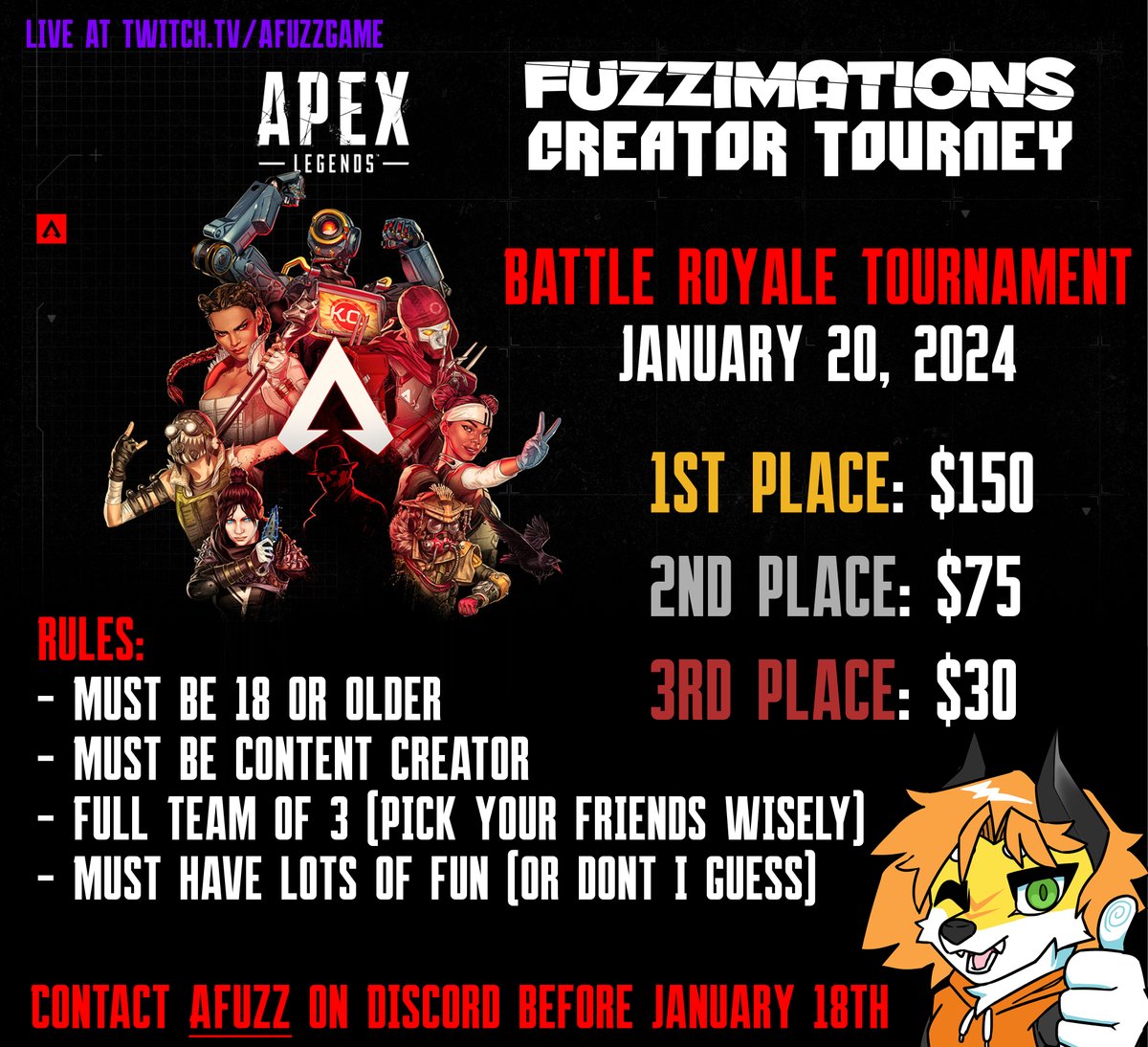 Fuzzimations's tweet photo. Starting off the New Years with an awesome event!

APEX LEGENDS TOURNAMENT | January 20th
- 4PM AST
- 6 matches + 3 Cool Challenges
- Top 3 teams will get the moola

Follow &amp; turn on notifications at https://t.co/ETnpIdIhwO https://t.co/JeDIv9mtZv