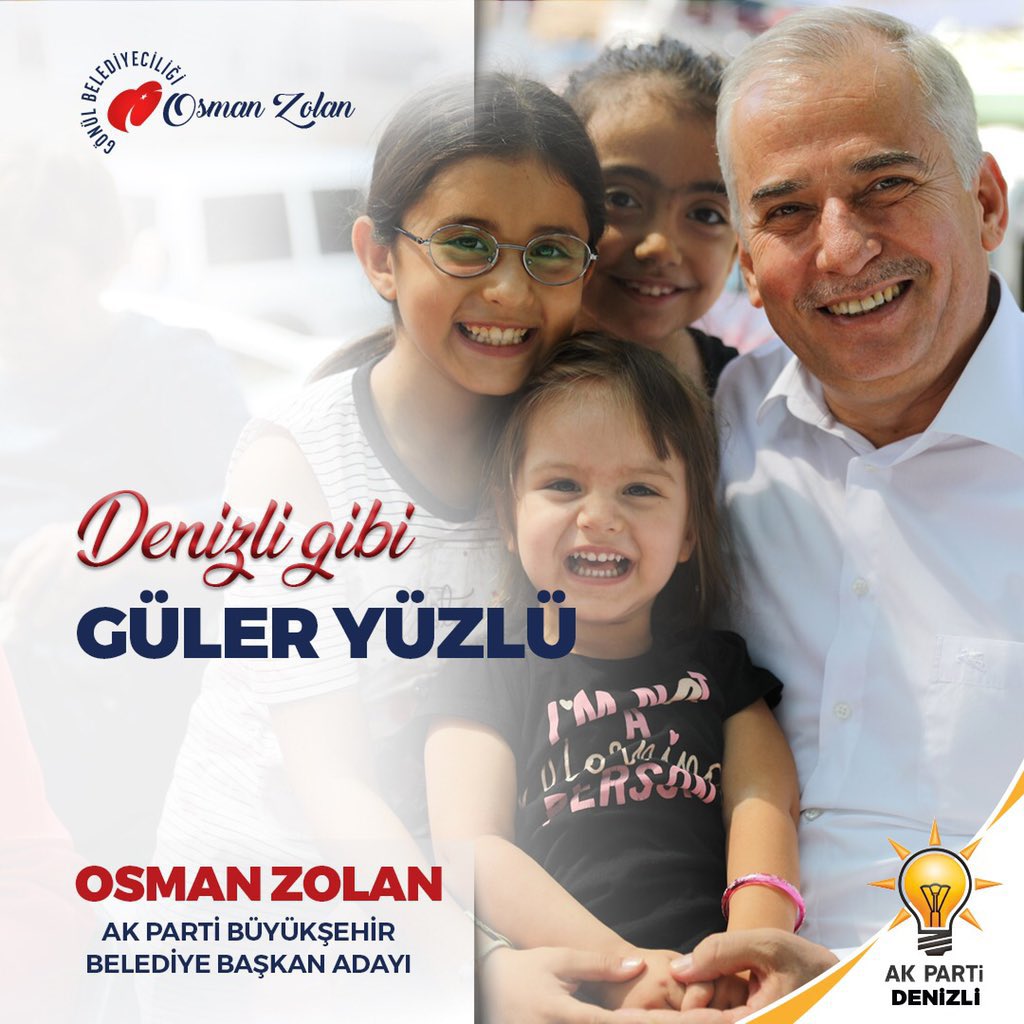 Ege bölgesinde tek başına yıllardır
 Ak Parti belediyeciliğinde şehri tepeden tırnağa güzelleştirmiş, her yüreğe ayırmaksızın tel tel dokunmuş olan Denizli Büyükşehir belediye başkanımız Osman Zolan, yine yeniden Denizli’ye aday. Hayırlı olsun

@osmanzolan 
#YenidenDenizli