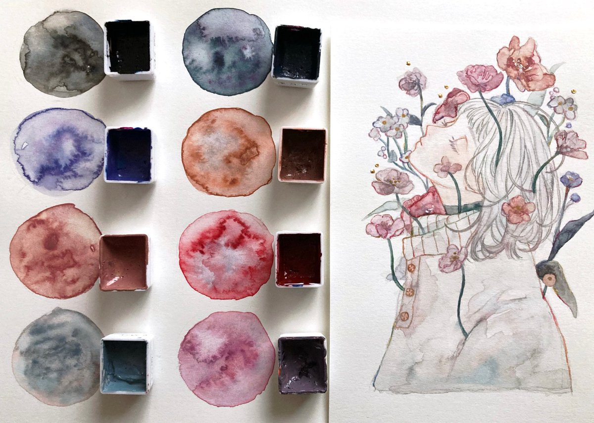 miyaba0041's tweet photo. ザックリ自作分離色たちご紹介🎨

お気に入りレシピ3つと、お花の子で使用した分離色をまとめました！
パレット上だと分かりやすく分離してくれます。きれい。
どれも気に入った色たちです☺️

1枚目：ウォーターフォード中目
2枚目：コットマン細目 https://t.co/CfKvyrGXqf