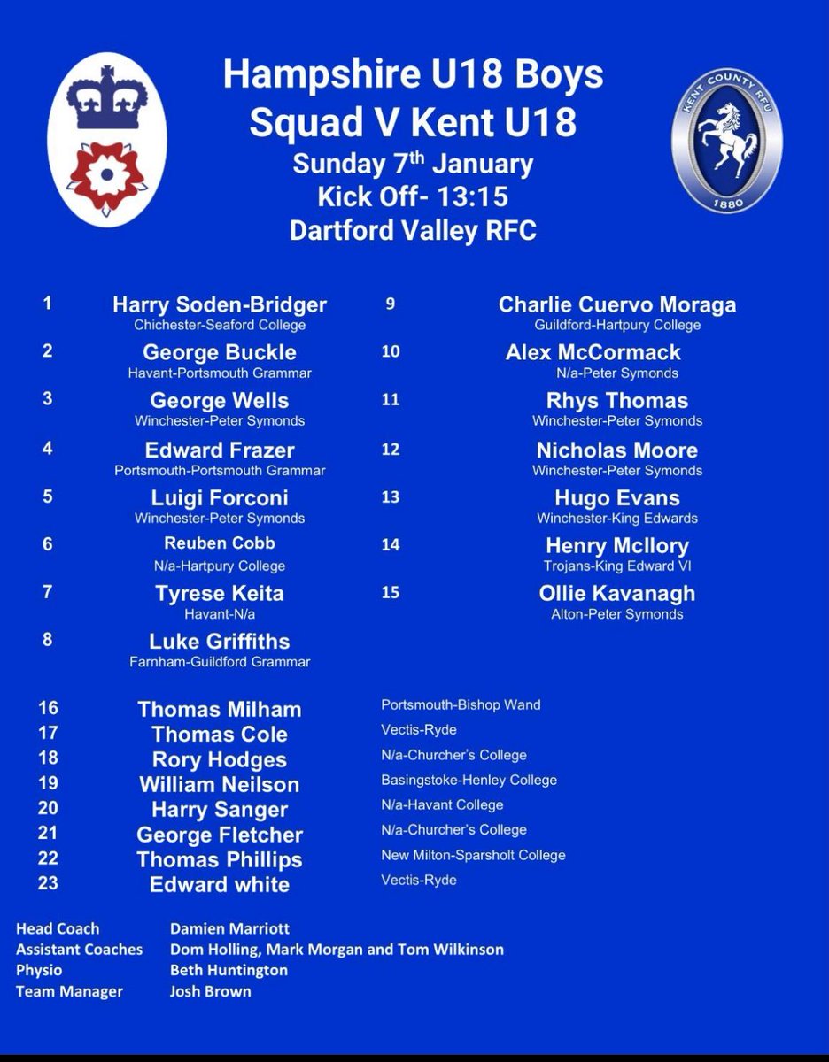Winchester RFC (@winchesterrfc) on Twitter photo 5 of our Academy boys are starting for <a href="/HampshireRFU/">Hampshire RFU</a> U18 today in their final fixture vs <a href="/KentRugby/">Kent Rugby</a> at Dartford Valley RFC 13:15 KO
Well done to the following lads, we are super proud of you!
George Wells
Luigi Forconi
Nick Moore
Rhys Thomas
Hugo Evans
@oberonsolutions 5 of our Academy boys are starting for <a href="/HampshireRFU/">Hampshire RFU</a> U18 today in their final fixture vs <a href="/KentRugby/">Kent Rugby</a> at Dartford Valley RFC 13:15 KO
Well done to the following lads, we are super proud of you!
George Wells
Luigi Forconi
Nick Moore
Rhys Thomas
Hugo Evans
@oberonsolutions