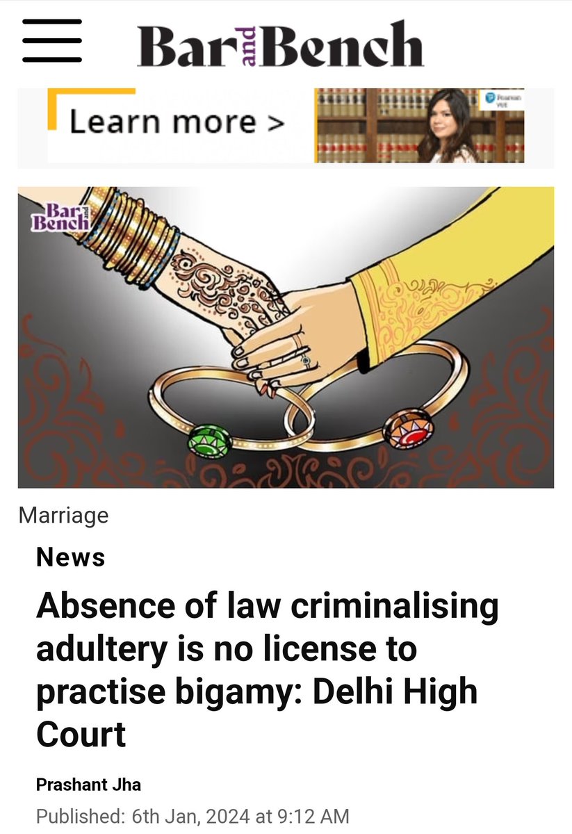 Now because husband is Accused, Courts will revive an abolished law

Absence of law criminalising adultery is no license to practise bigamy: Delhi High Court
 barandbench.com/news/absence-l…

Stop this #GenderBias

#GenderBiasedLaws #MenToo #ShaadiLaw