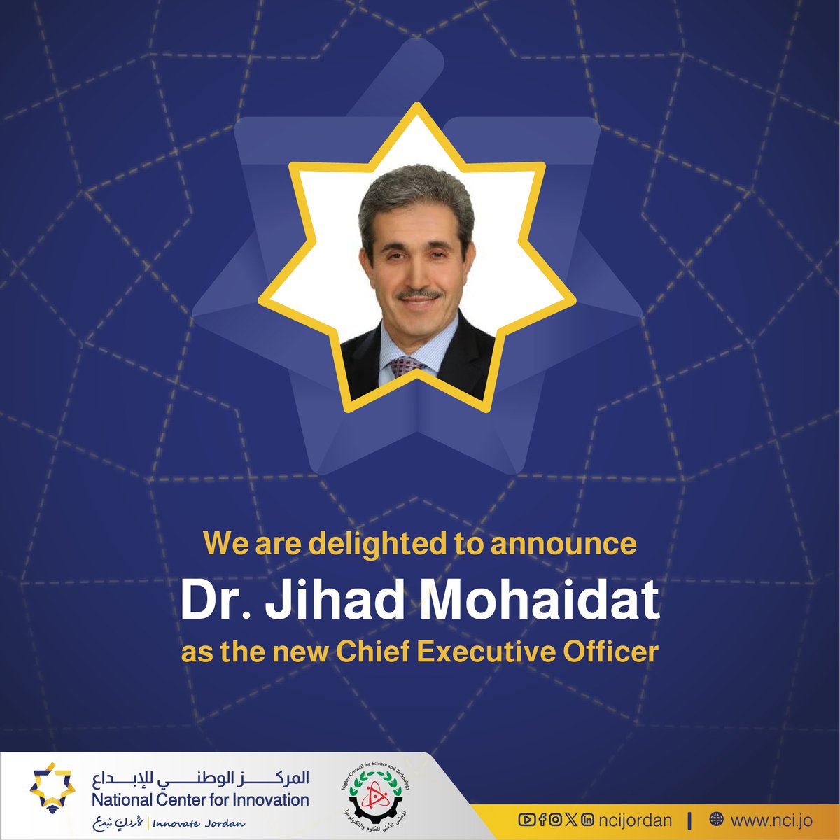 ncijordan's tweet photo. We are delighted to announce Dr Jihad Mohaidat as the new Chief Executive Officer of the National Center for Innovation, wishing him success and prosperity
To learn more about Dr Jihad, please visit his profile on JOIP via the link: https://t.co/3vbKWIk4lP
#NCIJordan #innovation https://t.co/orHABzIIxB