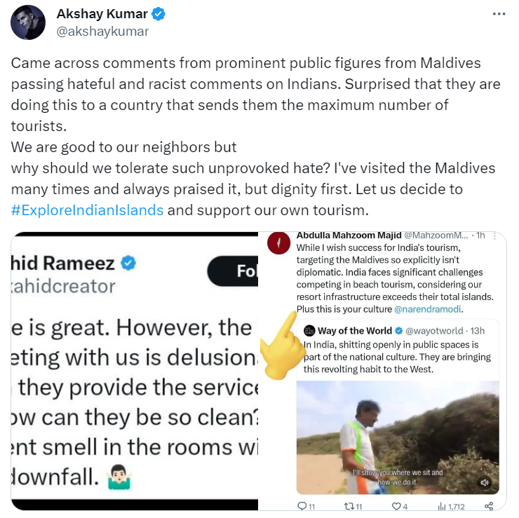 ANI's tweet photo. Indian celebrities, including Akshay Kumar, John Abraham and Sachin Tendulkar, appeal to people to explore Indian islands like Lakshwadeep and Sindhudurg.

Akshay Kumar tweets, "Came across comments from prominent public figures from Maldives passing hateful and racist comments on Indians. Surprised that they are doing this to a country that sends them the maximum number of tourists.  We are good to our neighbors but why should we tolerate such unprovoked hate? I've visited the Maldives many times and always praised it, but dignity first. Let us decide to #ExploreIndianIslands and support our own tourism."