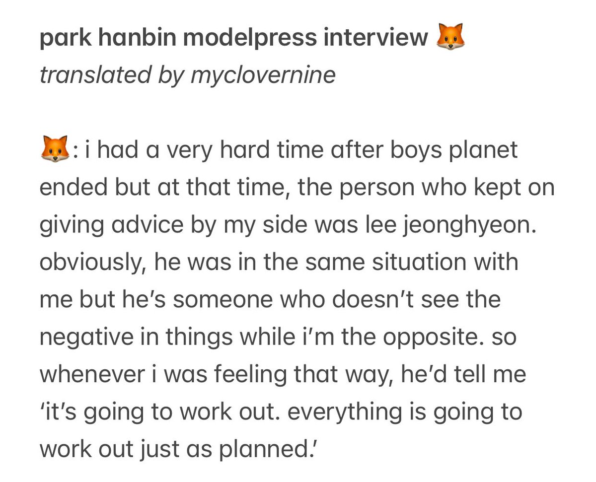 hanbin on modelpress interview💬

👤 was there anything said by the member that left a big impression on you?

🦊 i had a very hard time after boys planet ended but at that time, the person who kept on giving advice by my side was lee jeonghyeon (…)

🔗 mdpr.jp/interview/4105…