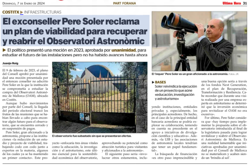 PereSoler1's tweet photo. 🌌 No us perdeu aquesta noticia sobre l'Observatori Astronòmic de Mallorca! Explico la meva visió per a la seva revitalització. #AstronomiaMallorca https://t.co/k4NtVhpSYR