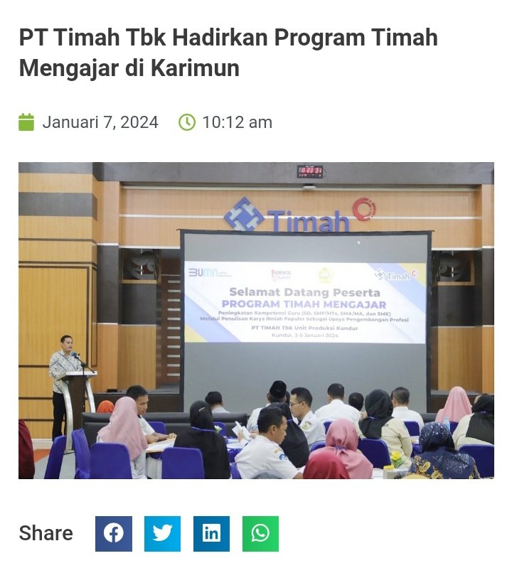 SUARAENERGI.COM – PT Timah Tbk terus berkomitmen untuk mendukung kemajuan dunia pendidikan di Kabupaten Karimun, Provinsi Kepulauan Riau. Tidak hanya mendukung sarana dan prasarana pendidikan, PT Timah Tbk juga mendukung peningkatan kualitas