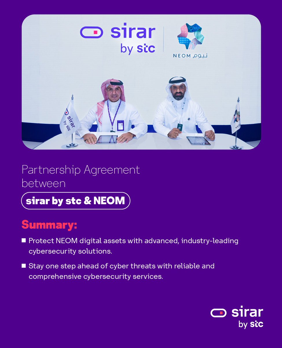 sirar_bystc's tweet photo. In our unwavering dedication to reliability and comprehensive security, we’re delighted at #sirar to announce a partnership agreement with @NEOM aimed at providing innovative and industry-leading cybersecurity services.
#Cybersecurity_in_excellence https://t.co/bMRHyuDXHv