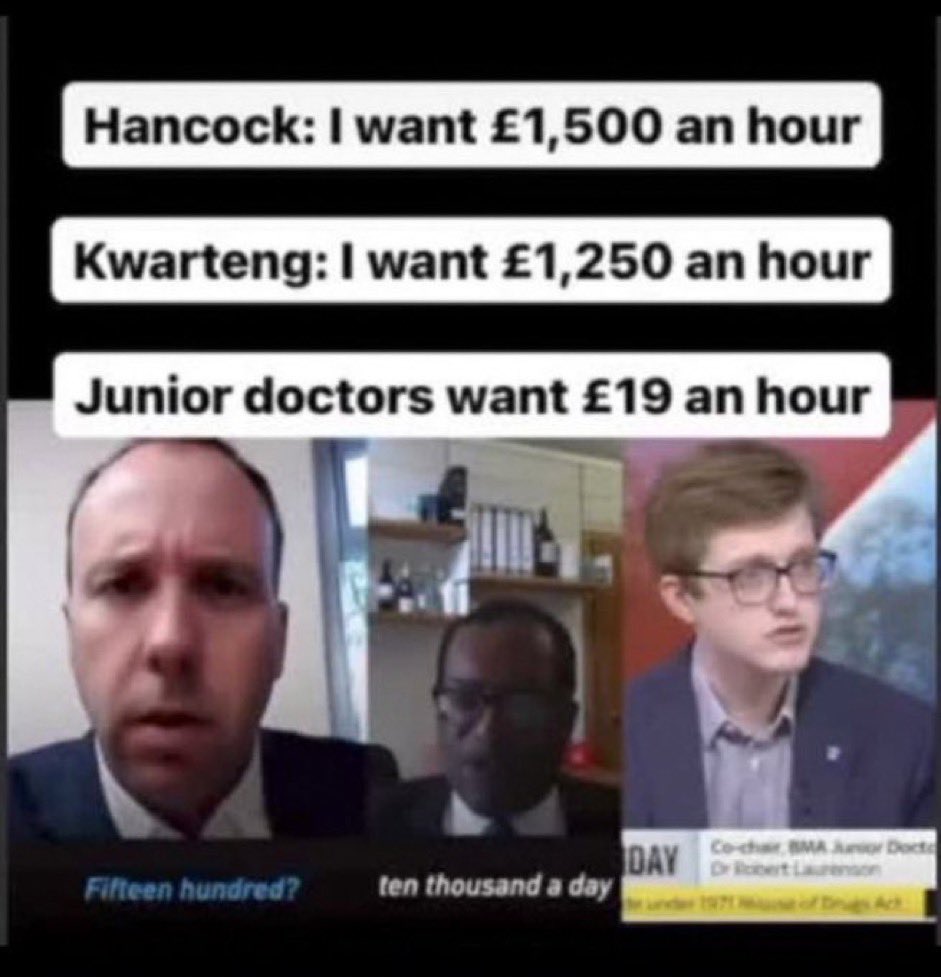 Some Conservative MPs think they are worth £1,500 per hour, yet don’t think Junior Doctors are worth £19 an hour. In reality all doctors want is fair pay after more than a decade of real terms pay cuts. Please RT if you agree they deserve it. metro.co.uk/2023/03/25/top…