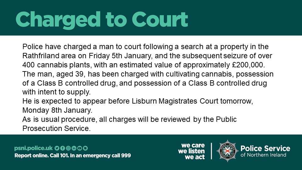 Our officers have charged a man to court following the seizure of suspected cannabis plants in the Rathfriland area on Friday.