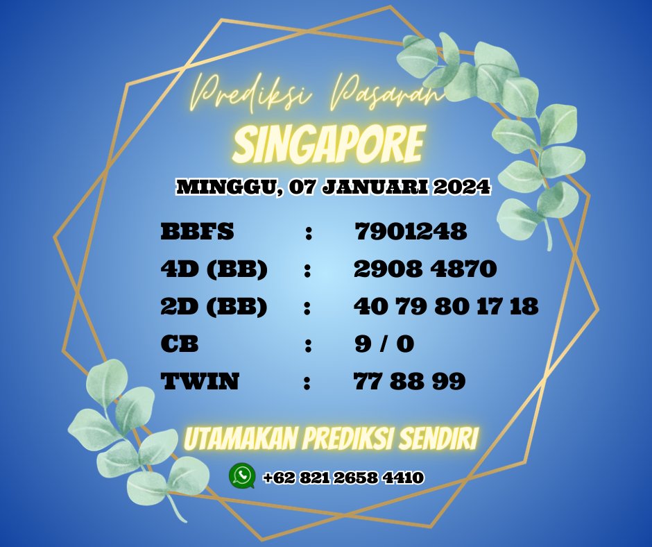 Angelhokii's tweet photo. 💥 PREDIKSI PASARAN SINGAPORE TANGGAL 07 JANUARI 2024💥

Prediksi Angka di Semua Pasaran GRATIS 100% TANPA MAHAR 📲 0821-2658-4410

#resulthariini #angkatogel #bocorantogel #prediksiangka #angkabocoranhk #bocoranhk #angkajitu #sydneypools #rumusjitu #angkaakuratsdy https://t.co/SEFiuxJ4KD