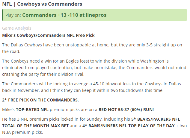 MikeLundinBET's tweet photo. #NFL Free Pick Jan 7  
Commanders +13 -110

Today's premium picks: 
https://t.co/v5RxP09Cyu

@FreeBetRetweets @ProSportPickss @CapperReviews #freepick #freebets #GamblingTwitter #bettingtwitter #bettingpicks #bettingtips #freepicksdaily #freebettingpicks https://t.co/BE81iHha1B