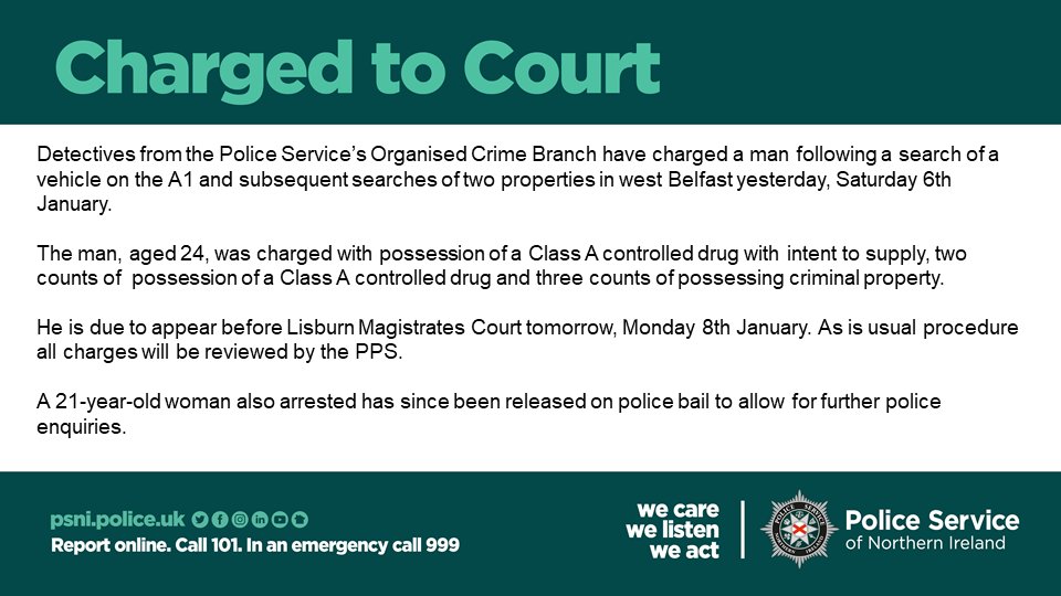 A 24-year-old man has been charged to court following a search of a vehicle on the A1 and subsequent searches of two properties in west Belfast. #OpDealbreaker