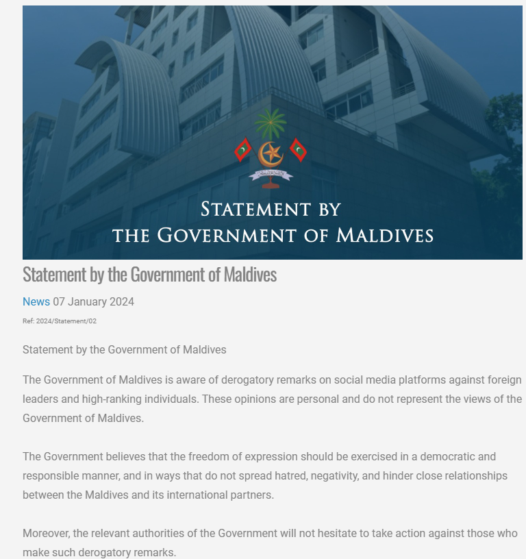 ANI's tweet photo. Government of Maldives issues statement - "The Government of Maldives is aware of derogatory remarks on social media platforms against foreign leaders and high-ranking individuals. These opinions are personal and do not represent the views of the Government of Maldives...Moreover, the relevant authorities of the Government will not hesitate to take action against those who make such derogatory remarks."