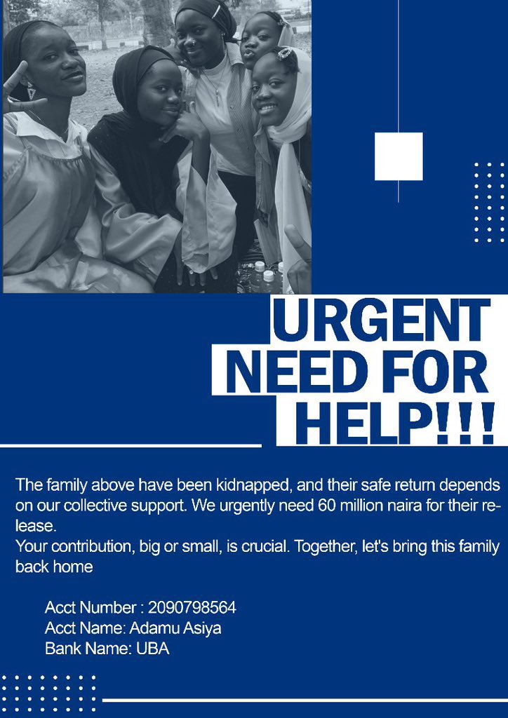 The family above has been kidnapped, and their safe return depends on our collective support. We urgently need 60 million naira for their release. Your contribution, big or small, is crucial. 

Together, let's bring this family back home.

Please Repost when you come across this
