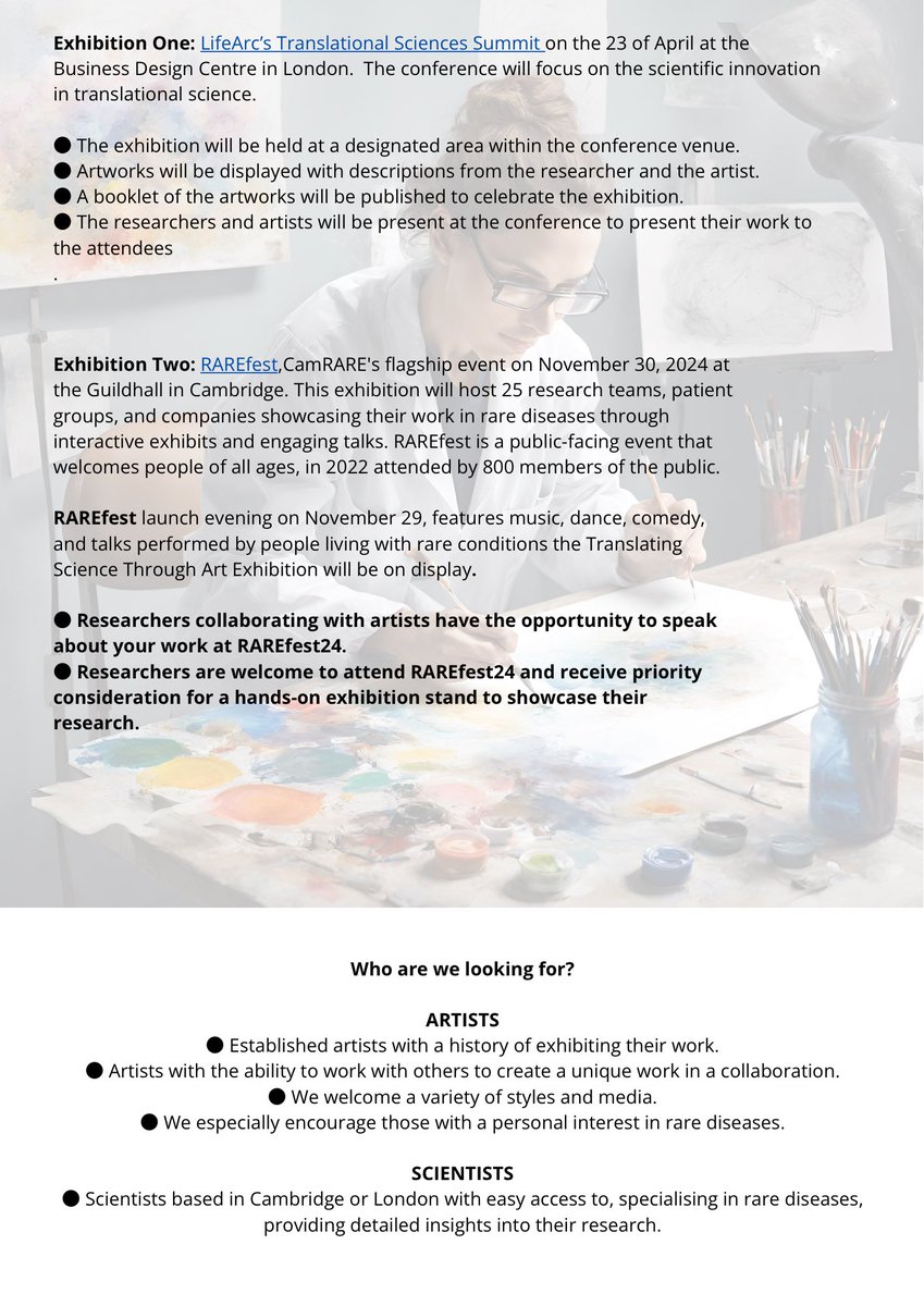 camraredisease's tweet photo. Are you a #RareDisease researcher or an artist with an interest in science? Do you live within reach of #Cambridge or #London? Closing date 10 Jan to take part in a new ART-TRAnslations project with @lifearc1. Exhibit your work at their Translational Science Summit &amp; RAREfest24 https://t.co/wRhyAy2cJq