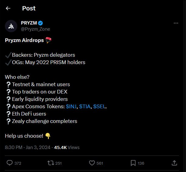 Gautamguptagg's tweet photo. 🧵3/10

🪂Don't miss the Pryzm Airdrop on INJ Ecosystem!

✅Interact on Pryzm Testnet
✅Participate in the Zealy Campaign
✅Delegate Atom, Osmo, Terra in the Pryzm Validators

🧵Let's Dive Below for a Detailed Guidance https://t.co/avoLRyDlwY