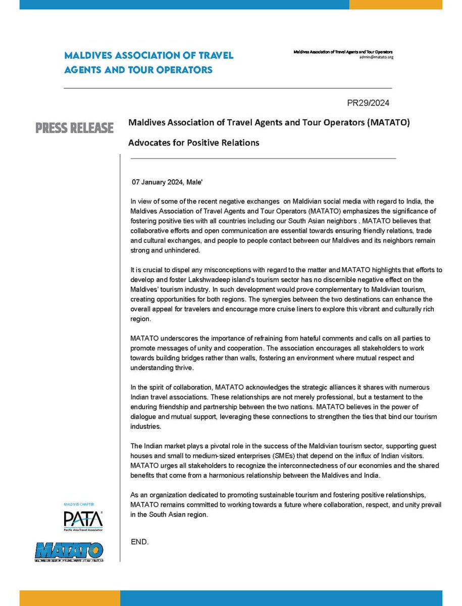Maldives Association of Travel Agents and Tour Operators (MATATO) Advocates for Positive Relations - we.tl/t-XAVe0e5FkO