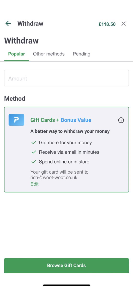 Treakz's tweet photo. @AskPaddyPower Why can’t I withdraw funds in usual instant way back to payment card? Doesn’t let me enter an amount? https://t.co/dH5JuripHh