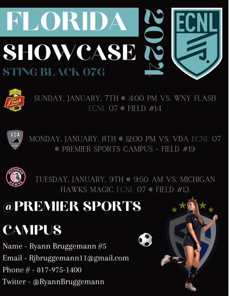 Ryann Bruggemann 🇺🇸 (@ryannbruggemann) on Twitter photo So excited for #ECNLFL!🌴 Can’t wait to play and compete with my team! <a href="/StingECNL07/">StingDallasBlack07ECNL</a> Hope to see many coaches out to watch us play! <a href="/ECNLgirls/">ECNL Girls</a> <a href="/TopDrawerSoccer/">TopDrawerSoccer</a> <a href="/NCAASoccer/">NCAA Soccer</a> <a href="/ImYouthSoccer/">ECNL/GA/Recruiting/College Soccer</a> <a href="/ImCollegeSoccer/">College Soccer Truth ™</a> <a href="/TheSoccerWire/">SoccerWire</a> #ECNLFL #ECNLGirls <a href="/adamflynnAF/">Adam Flynn</a> So excited for #ECNLFL!🌴 Can’t wait to play and compete with my team! <a href="/StingECNL07/">StingDallasBlack07ECNL</a> Hope to see many coaches out to watch us play! <a href="/ECNLgirls/">ECNL Girls</a> <a href="/TopDrawerSoccer/">TopDrawerSoccer</a> <a href="/NCAASoccer/">NCAA Soccer</a> <a href="/ImYouthSoccer/">ECNL/GA/Recruiting/College Soccer</a> <a href="/ImCollegeSoccer/">College Soccer Truth ™</a> <a href="/TheSoccerWire/">SoccerWire</a> #ECNLFL #ECNLGirls <a href="/adamflynnAF/">Adam Flynn</a>