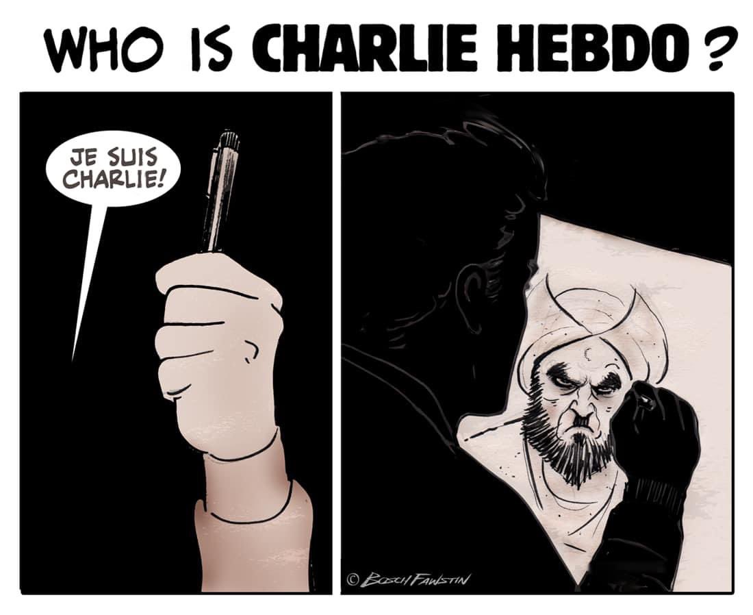 TheBoschFawstin's tweet photo. Today commemorates 9 years since the atrocity at Charlie Hebdo, where Muslims murdered human beings over Mohammad cartoons. And those who said “Je Suis Charlie!” and held pens in the air pissed me off, as the best way to honor the victims is to put pen to paper and draw Mohammad. https://t.co/s1brA5nzRT