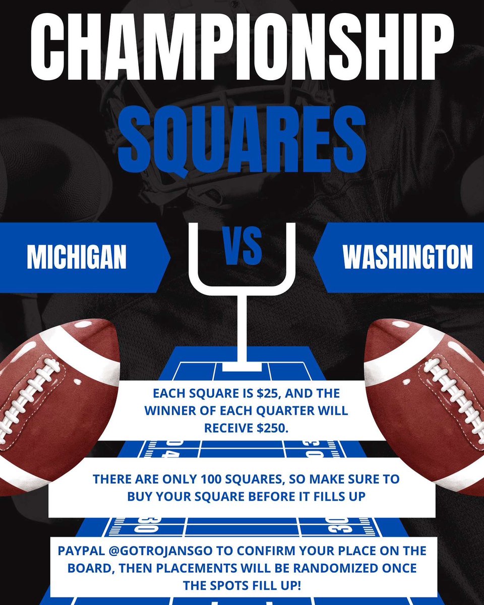 Go Trojans Go ATX (@gotrojansgo) on Twitter photo Still time to buy national championship squares! Paypal <a href="/gotrojansgo/">Go Trojans Go ATX</a> or Venmo <a href="/jschocket/">Jack Schocket</a> Still time to buy national championship squares! Paypal <a href="/gotrojansgo/">Go Trojans Go ATX</a> or Venmo <a href="/jschocket/">Jack Schocket</a>