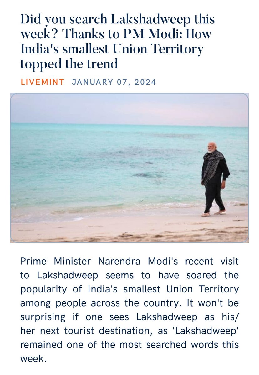 Did you search Lakshadweep this week? Thanks to PM Modi: How India's smallest Union Territory topped the trend
livemint.com/news/trends/di…

via NaMo App