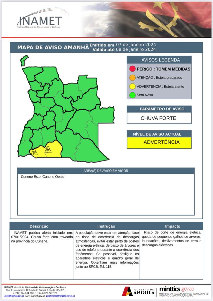 inamet_oficial's tweet image. Alerta🚨 ⛈️🌩️

INAMET: Alerta de Chuva forte acompanhada de trovoada na província do Cunene, do dia 07 a 08 de Janeiro de 2024.

#trovoada #chuvaintensa #angola #alerta