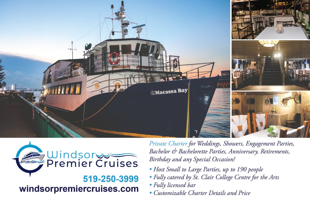 Windsor Premier Cruises specializes in hosting special occasions; from birthday, graduation, anniversary parties, class reunions, corporate events. Enjoy breathtaking views of Windsor and Detroit skylines and Stunning Sunsets. 
Contact us at: windsorpremiercruises.com