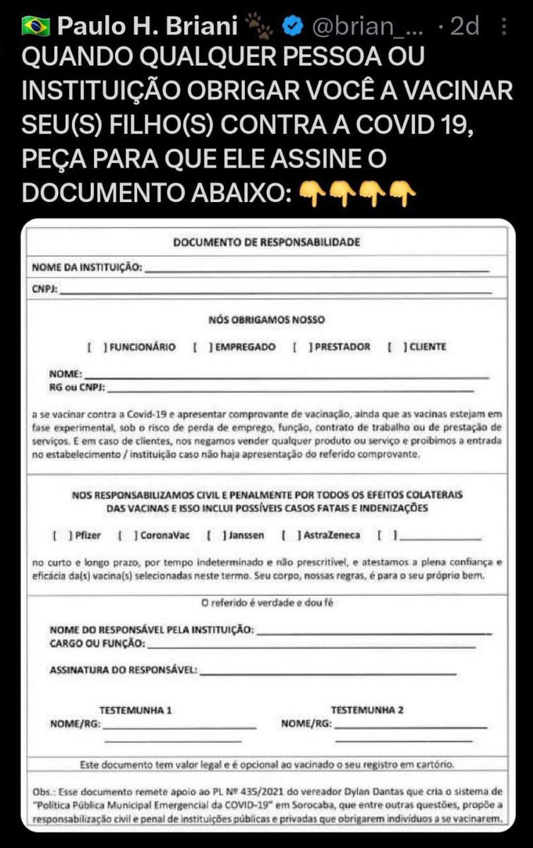 Laurinha_2050_'s tweet photo. Qdo alguém quiser te obrigar a vacinar seus filhos, pela Covid, peça que assine este documento abaixo: https://t.co/JoRdcpwXcW