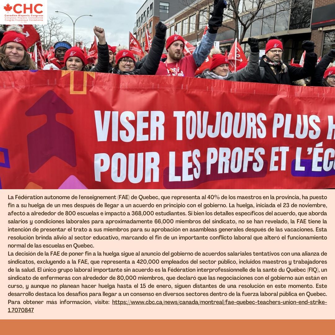 Quebec teachers' union ends strike, sending over 350K students back to class 🇨🇦🍎✏️💼🤝 #unmillonjuntos #CHC #1millonstrong #noticias #hispanxs #latinxs #news #QuebecTeachers #FAE #UnionAgreement #EducationSector #LaborDisputeResolution