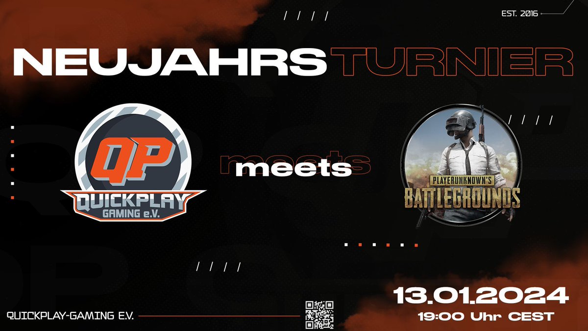Liebe Gaming Freunde,
am Samstag den 13.01.2024 um 19 Uhr veranstaltet Quickplay Gaming e. V. ein Neujahres PUBG Turnier als Duo-Format. Treffenpunkt ist 18:30 Uhr.

Nähere Informationen findet Ihr hier:

Discord: discord.gg/J4vPjY8r 
Teamspeak: ts.quickplay-gaming.com