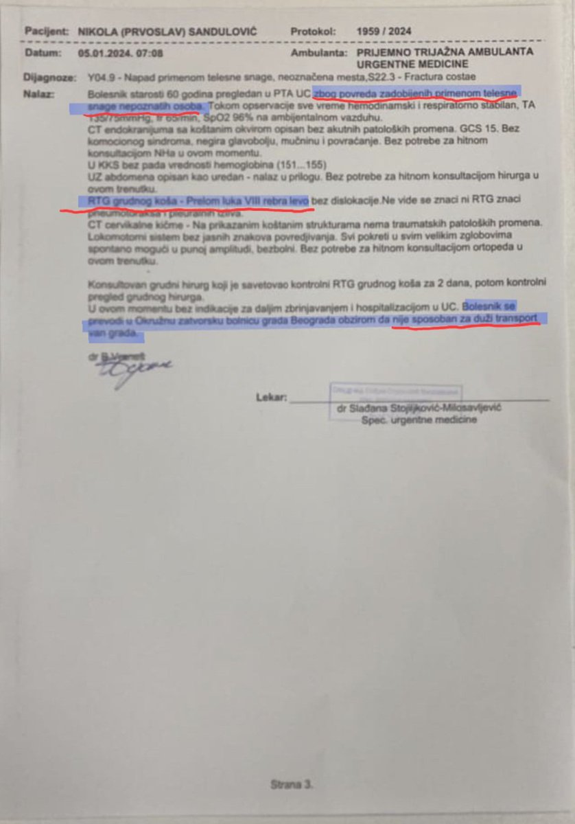 FIGHT_4_RIGHT_S's tweet photo. 📢 EVIDENCE OF THE BEATING OF SANDULOVUĆ IN BIA:
Today we publish the medical report of the Clinical Hospital Center of Serbia in Belgrade, which states:
- that Nikola Sandulović was beaten by unknown persons;
- that his seventh rib was broken from the beating in BIA;
- that his state of health is such that it is not possible to transport him from Belgrade (to Niš, where he was later detained even though he was not questioned).
Let us recall that, according to the statement of Nikola Sandulović, which he gave to me as his lawyer, he was "abducted from his house by members of the BIA, who took him to the headquarters of the agency, where they beat him".
Later, he was sentenced to illegal detention "for laying flowers on the grave of the seven-year-old Albanian girl Brerima Jašari" (this is the action for which he was charged with the claim that he thereby committed the crime of inciting national hatred under Article 317 of the CC)
The medical report that we are publishing today was supposed to disappear in the prison hospital of the Central Prison where they pushed Nikola Sandulivuć together with the medical documentation of the civil hospital (KBC) that he had with him.
However, as you can see: it's not 🤷
Christmas magic!
It was interesting to see these three days who denied everything that all this happened. And who said that this beating was invented, and who relativized everything. In the media, on official networks, in the "pro-European opposition".
We can easily connect all of them to the political wing of the BIA. If you didn't know until now, these are Vučić's shepherds in Serbia.
Merry Christmas.