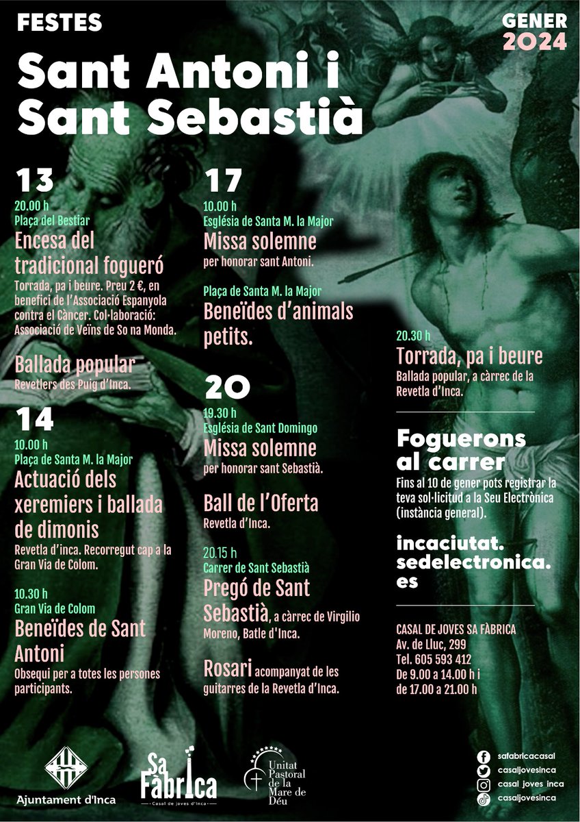 incaciutat's tweet photo. 🔥Ja tenim el programa de Sant Antoni i Sant Sebastià 2024!

🗣️Fes una ullada al cartell i consulta tots els actes tradicionals que se celebraran a Inca amb motiu d'aquesta festivitat👇👇 https://t.co/BzpzxYaIOX