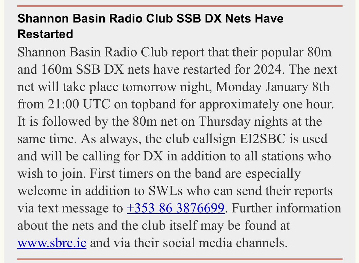 seargnews's tweet image. #SBRC SSB DX Nets Have Restarted.

The next net will take place Monday 
January 8th 9pm UTC.
Club Callsign #EI2SBC 
More info details below. 
irts.ie/cgi/thisweek.c…

#Amateurradio #Hamradio #SSB #IRTS #SWL