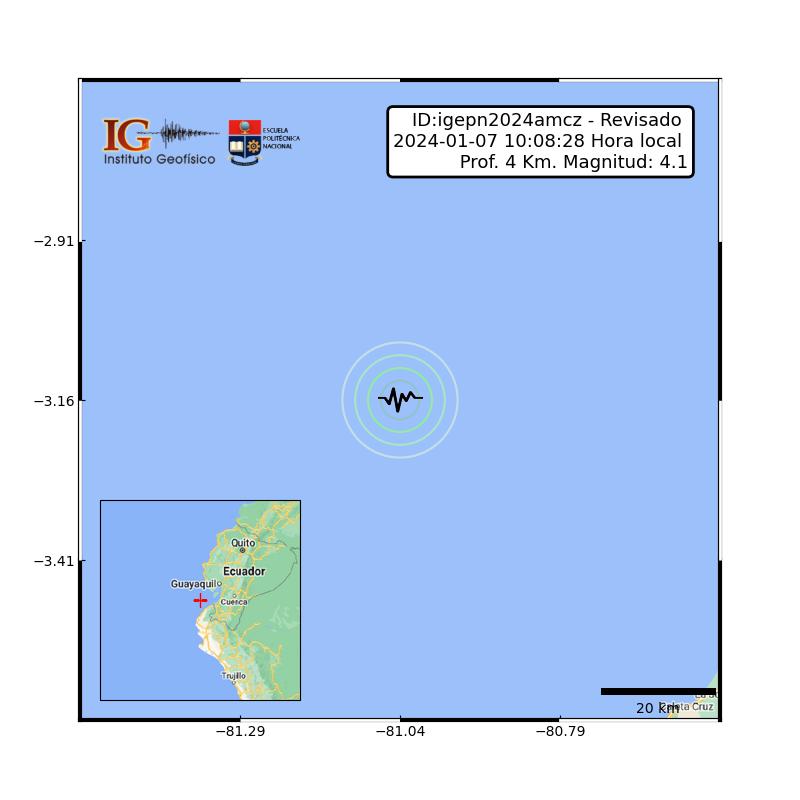 IGecuador's tweet photo. #SISMO ID:igepn2024amcz Revisado 2024-01-07 10:08:28 TL Magnitud: 4.1 Profundidad: 4 km, a 79.59 km de Tumbes, Tumbes, Latitud: -3.16 Longitud:-81.04 
Fuente oficial PERU: https://t.co/Wfc1N5M9TO. Sintió este sismo? https://t.co/njXXYCxmFQ