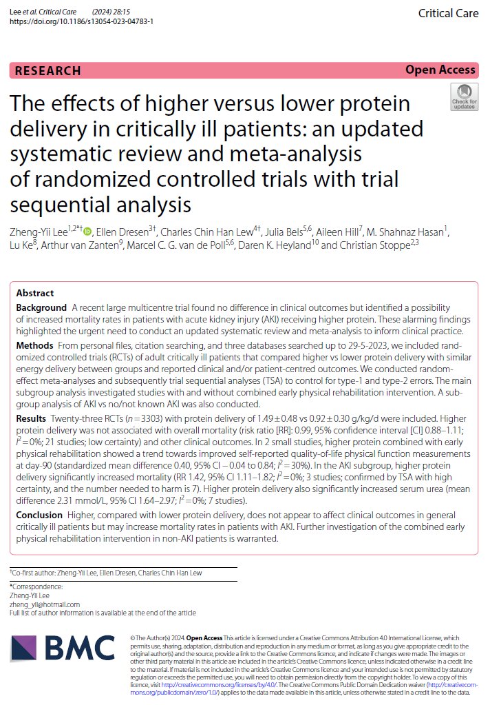 lzyii's tweet photo. Updated Protein SRMA in Critical illness

23 RCTs
Protein: 1.5 vs 0.9 g/kg/d, Energy: ≈

-Overall mortality (GRADE: low) and other clinical outcomes: ≈
-In AKI: ↑ mortality (GRADE: high; NNH=7)
-Higher protein+early phy rehab (in non-AKI): need studies
https://t.co/qXyCwZfEhb https://t.co/N39KiOXcN9