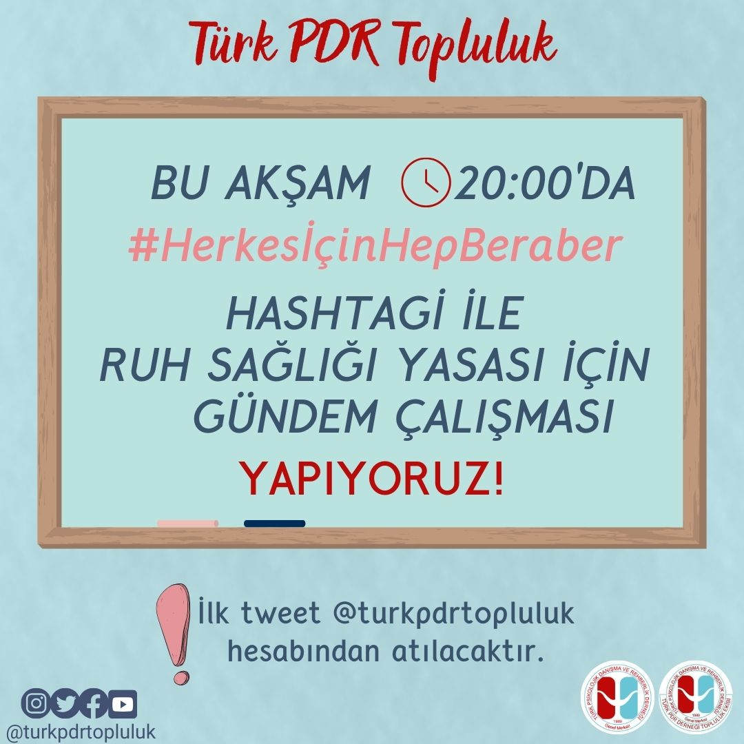 Değerli Meslektaşlarımız 
Bu akşam 20.00'de Ruh Sağlığı Yasası için gündem çalışması yapıyoruz.
Tüm meslektaşlarımızın katılımı önem arz etmektedir.
<a href="/mesutyldrm_pdr/">Mesut YILDIRIM</a> 
<a href="/PFurkanden/">Furkan DENİZ</a>