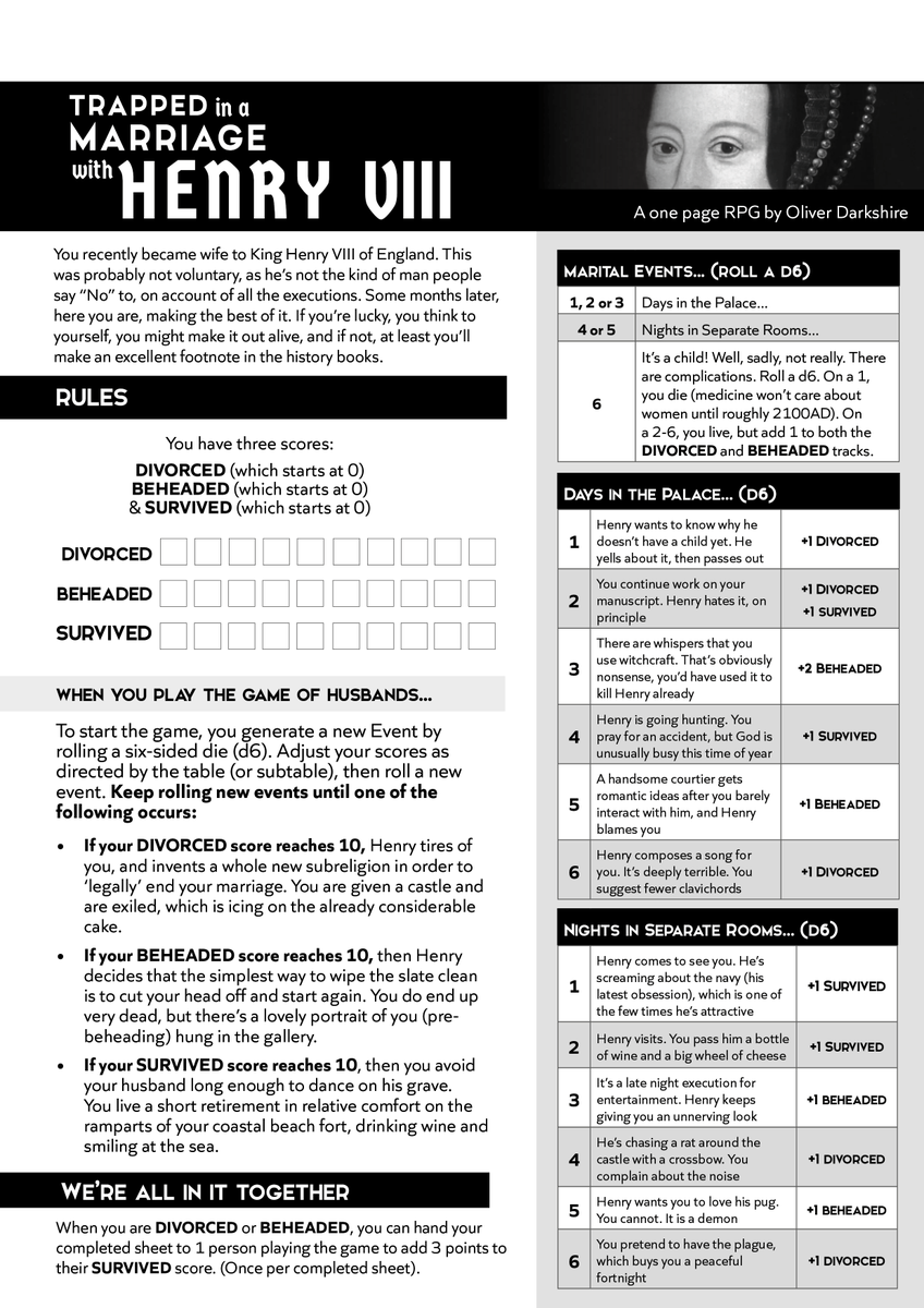 deathbybadger's tweet photo. it's a sunday, so naturally I am thinking about being Trapped in a Marriage With Henry VIII. here is the one page rpg. https://t.co/vkuVYrSkLn