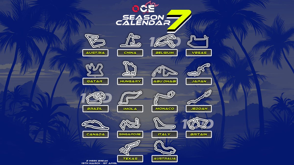 FormulaOceania's tweet photo. Well well well, it’s that time again and season 7 of oce is just around the corner, here is the calendar for the upcoming season, spa Brazil and Britain are 100% races so something new and exciting to look forward to. Sign ups are still open head to our discord and sign up. https://t.co/wwvjjOQbDz