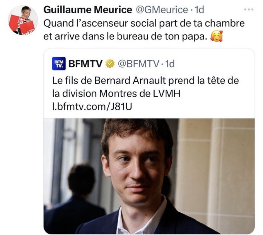 Quand les plus de 100 000 salariés de ce jeune Polytechnicien et de son père Bernard Arnault, #LVMH ...
Permettent, par leurs cotisations, à un crétin,  prétendument 'humoriste', #GuillaumeMeurice , d'être rémunéré par une radio du service public,   @franceinter ...
L'ascenseur…