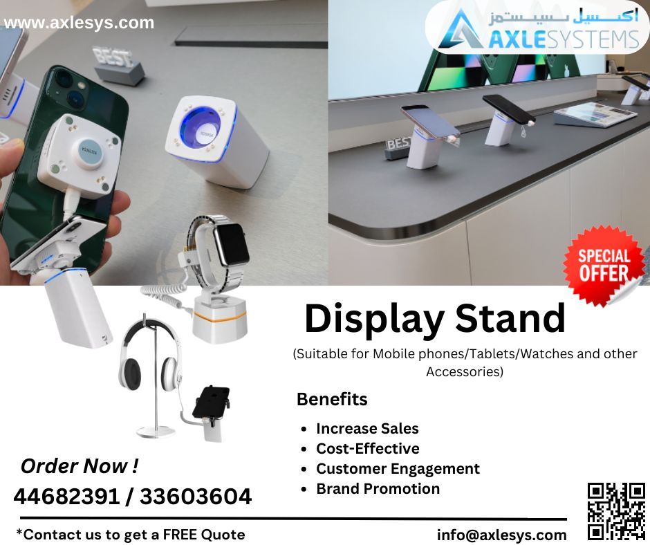 Elevate your brand with our premium display stands! 🌟 Contact Axle Systems at 44682391 or email info@axlesys.com to enhance your product presentations and make a lasting impact. #DisplayStands #AxleSystems